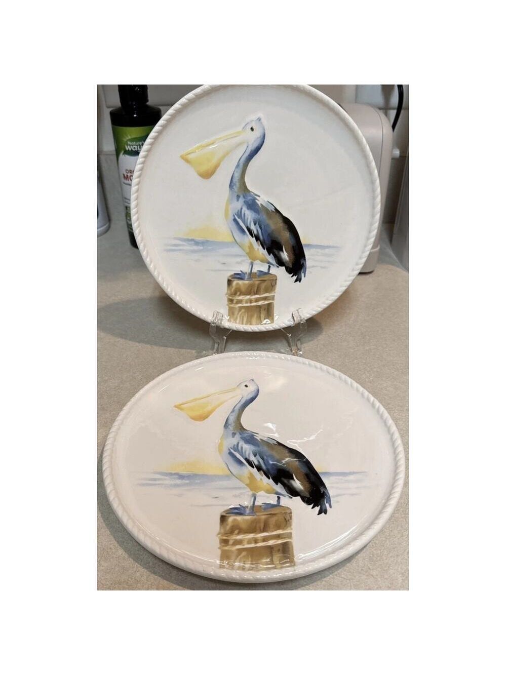 Pier 1 Imports 2 Pelican 9" Dessert/Salad Plates Ironstone Rope Border EXCELLENT